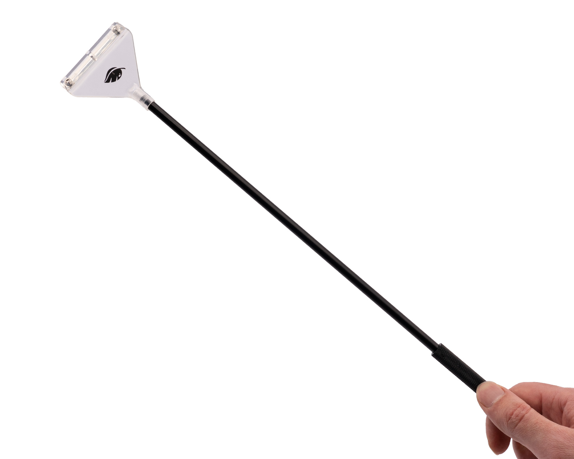 Hand hält Stableuchte mit dreieckigem transparentem Kopf